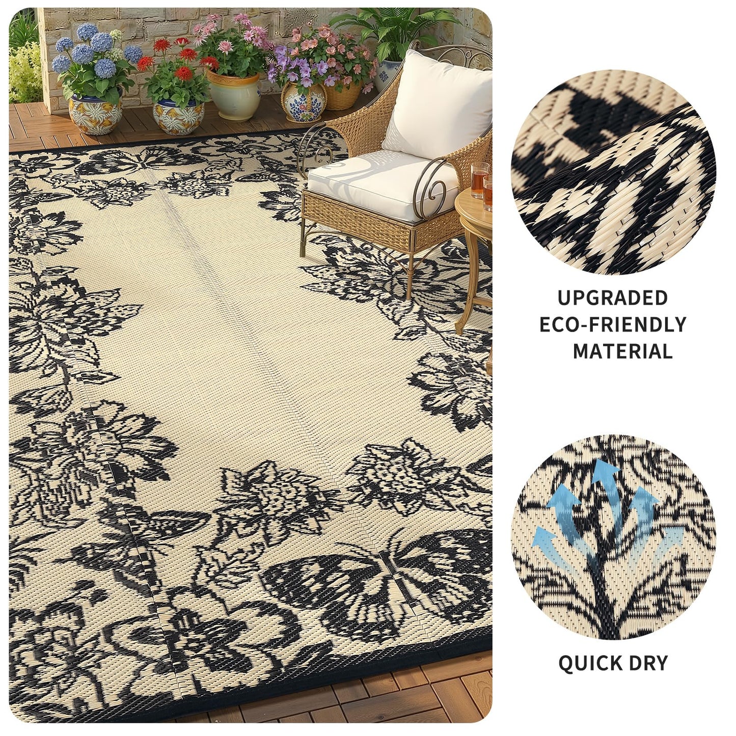 Garvee 5’x8’ Waterproof Patio Outdoor Rug, Outdoor Plastic Straw Rug for Camping, RV Mat Outside, Indoor Outdoor Carpet for Porch, Deck, Backyard, Balcony, Picnic, Black & Brown