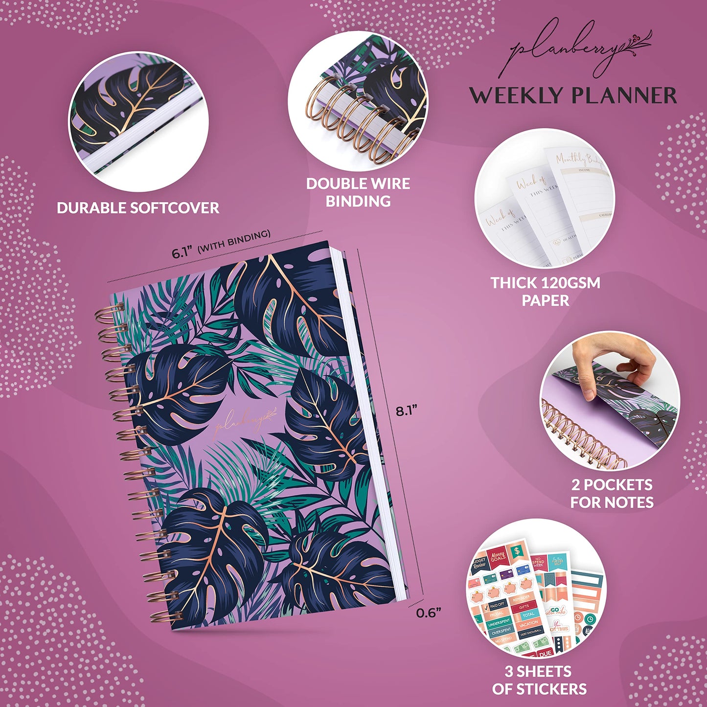 PLANBERRY Weekly Planner – Undated Life Organizer & Budget Planner – Time Management, Goal Setting, To-Do List, Work-Life Balance & Habit Tracker – 6.1″ x 8.1″ (Wild Purple)