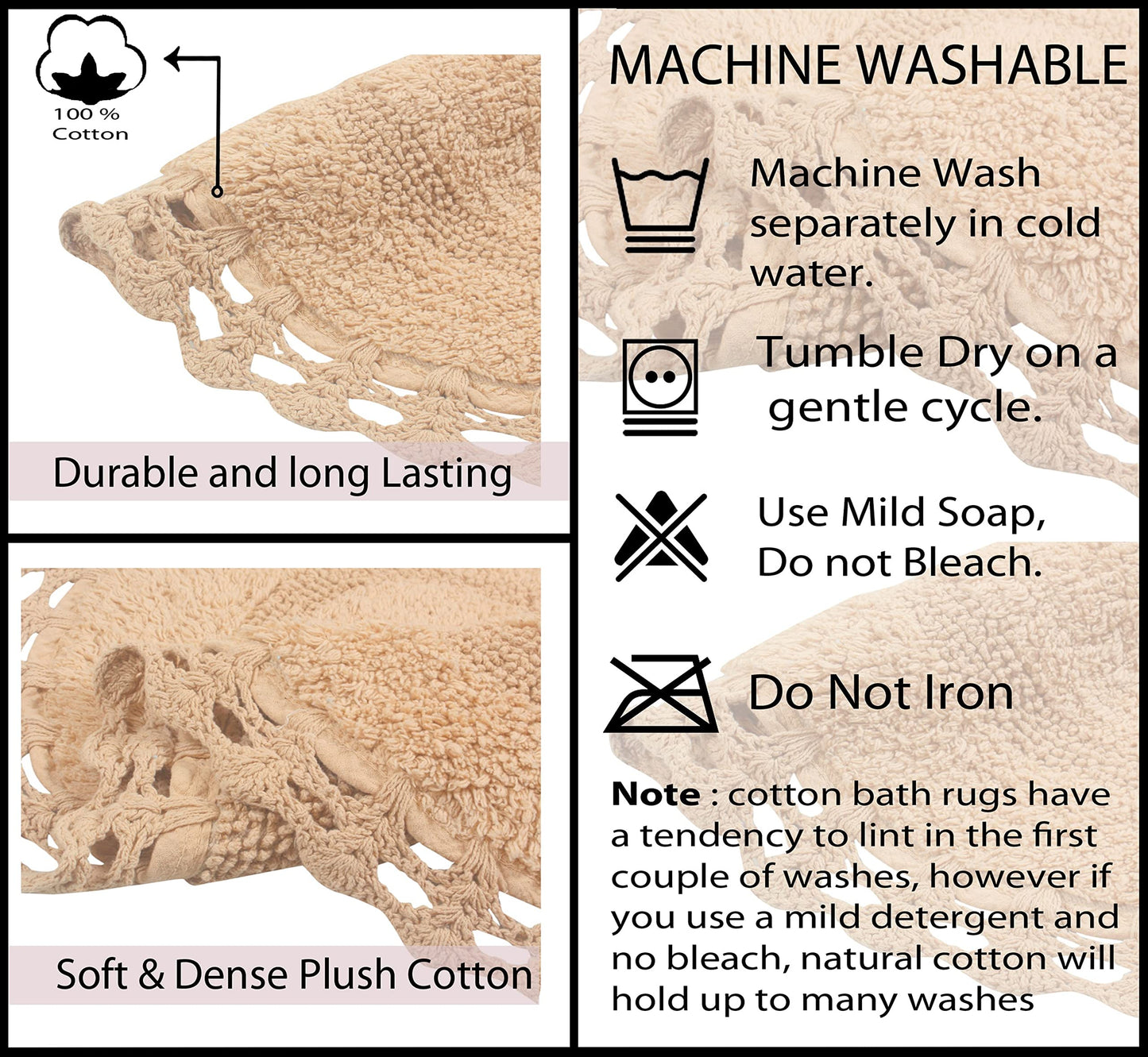 Home Weavers Hampton Crochet Reversible Bathmat 100% Cotton Bathroom Rugs Set, Washable Rug, Extra Soft and Absorbent Bath Rug, Kitchen Mat, Bath Mat Set, Mat Non Slip, 4 Piece Set with Runner, Linen