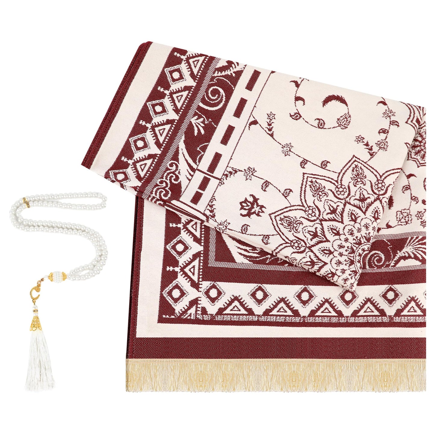 Islamic Prayer Rug Set, Muslim Prayer Mat with Mihrab Arch Floral Red Design and White Beaded Tasbih with Tassel, Thin Janamaz for Ramadan Eid Home Travel, Gift for Women Men (43" x 28")