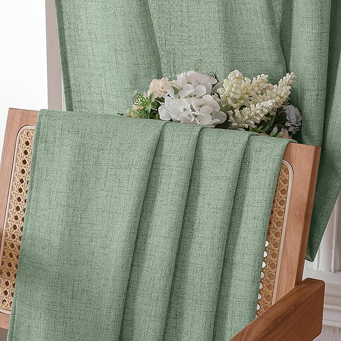Tollpiz Linen Curtain Bedroom Rod Pocket Semi Sheer Curtains Burlap Light Filtering Thick Linen Drape for Living Room, 54 x 63 inches Long, Sage Green, Set of 2 Panels