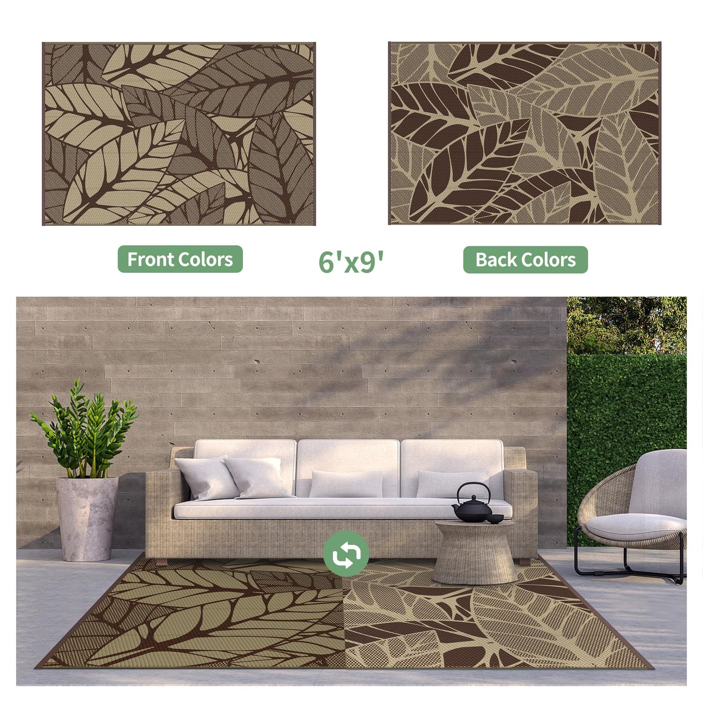 GENIMO Outdoor Rug 6' x 9' Waterproof for Patio Clearance, Reversible Plastic Straw Camping Carpet, Lightweight Mat for Rv, Camper, Deck, Porch, Picnic, Balcony, Beach,Dark Coffee & Beige
