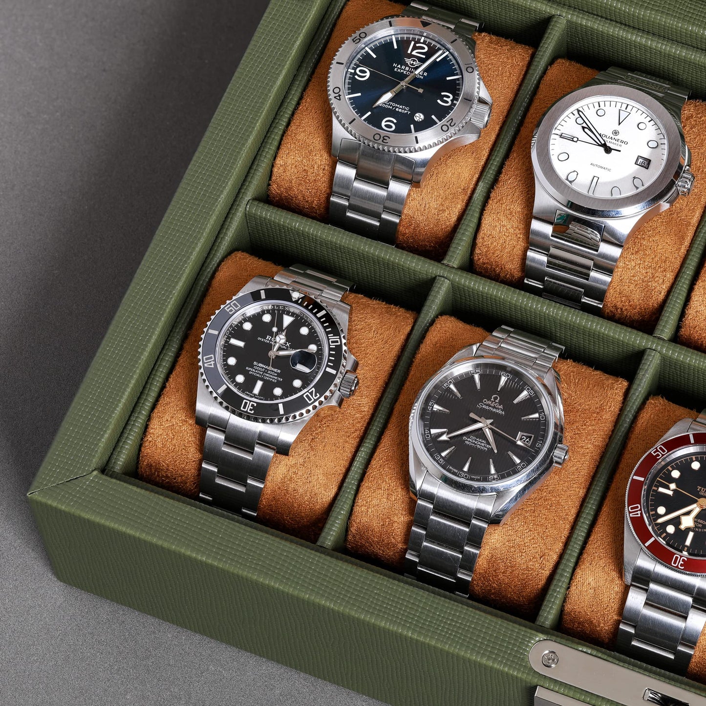 ROTHWELL 10 Slot Leather Watch Box - Luxury Case Display Jewelry Organizer - Locking Watch Display Case Holder with Large Glass Top - Box Organizer for Men and Women (Green/Tan)