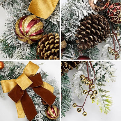 Christmas Garland for Front Door, 6 Foot Artificial Unlit Winter Garland with Pine Cones, Berry Clusters, Bronze Ball Ornaments and Ribbons for Thanksgiving Holiday Christmas Decoration