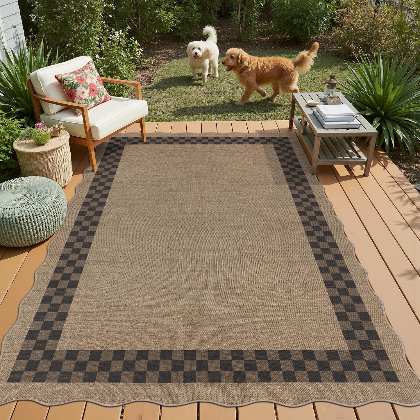 U'Artlines Easy Jute Checkered Area Rug 5x7, Washable Non Slip Indoor Outdoor Rug, Low Pile Non Shedding Farmhouse Carpet for Entryway Patio Backyard Kitchen Living Room Bedroom (Checked)