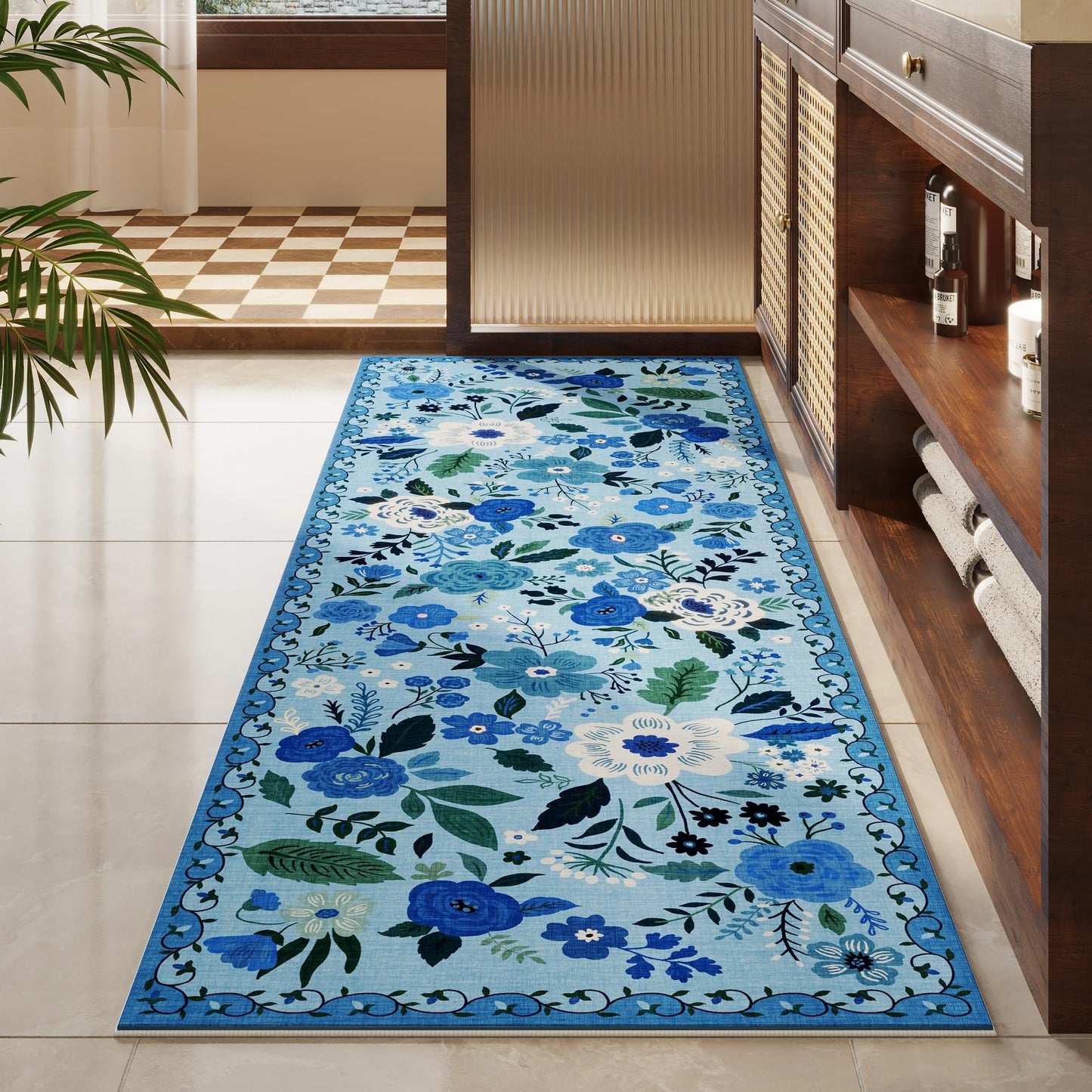Rugcomf Runner Rug for Hallways Kitchen Rug Non Slip 2'6''x8' Washable Runner Rugs with Rubber Backing Soft Floral Carpet Runner for Hallways, Kitchen, Laundry, Bedroom, Bathroom(Blue)