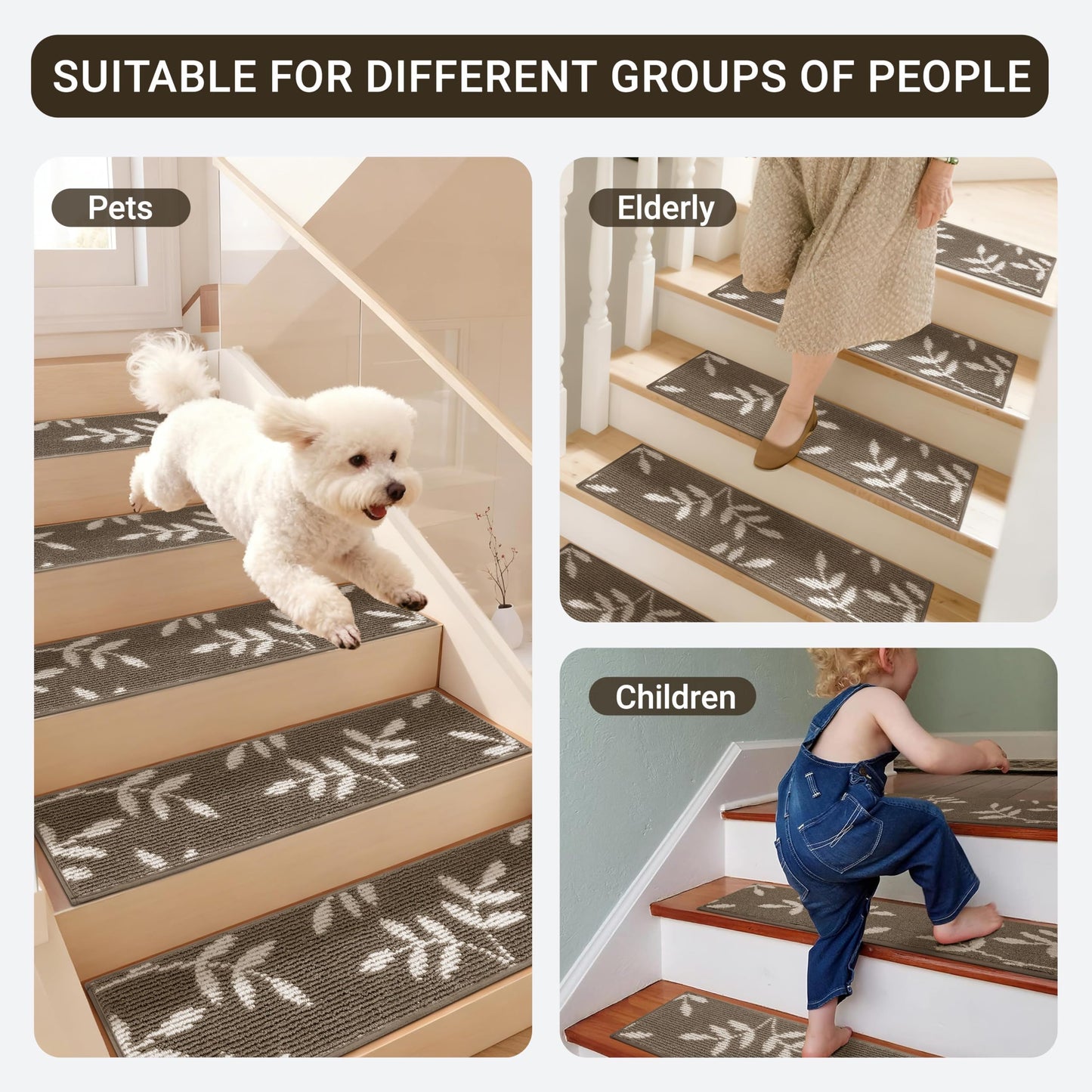 TANVILL Carpet Stair Treads, Non-Slip Stair Treads for Wooden Steps Indoor, 30”x8” Stair Runner for Pets Non Skid Wood Staircase Step Treads Reusable, Set of 15, Brown