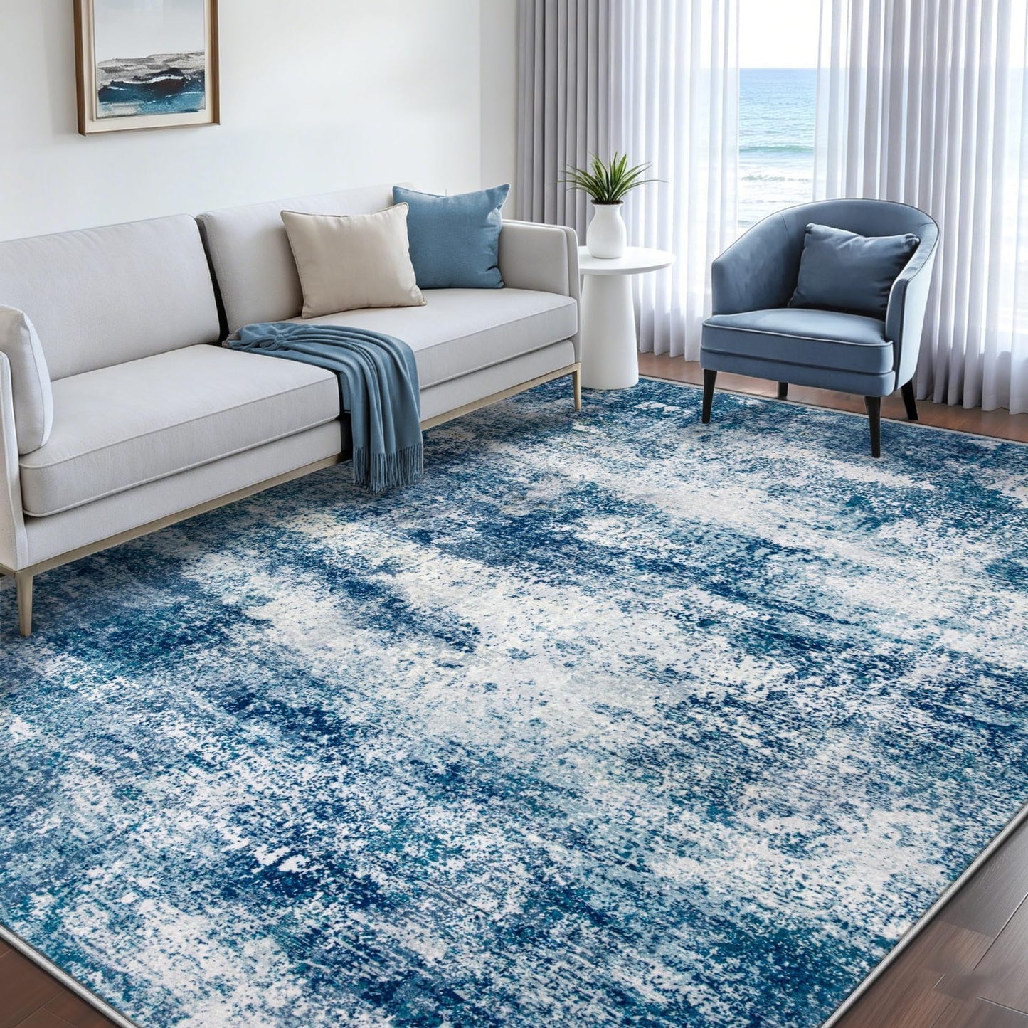 5x7 Area Rugs for Living Room, Washable Modern Abstract Rug Non-Slip Soft Low Pile Stain Resistant Carpet for Bedroom Nursery Dining Room Home Office (Blue, 5'x7')