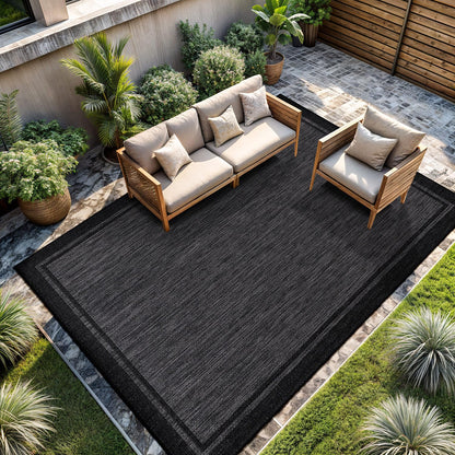 CAMILSON Indoor Outdoor Rug, 8x10 Bordered Dark Gray Black Modern Area Rugs for Indoor and Outdoor Patios, Kitchen and Hallway Mats, Washable Porch Deck Outside Carpet (Bordered Black, 8 x 10)