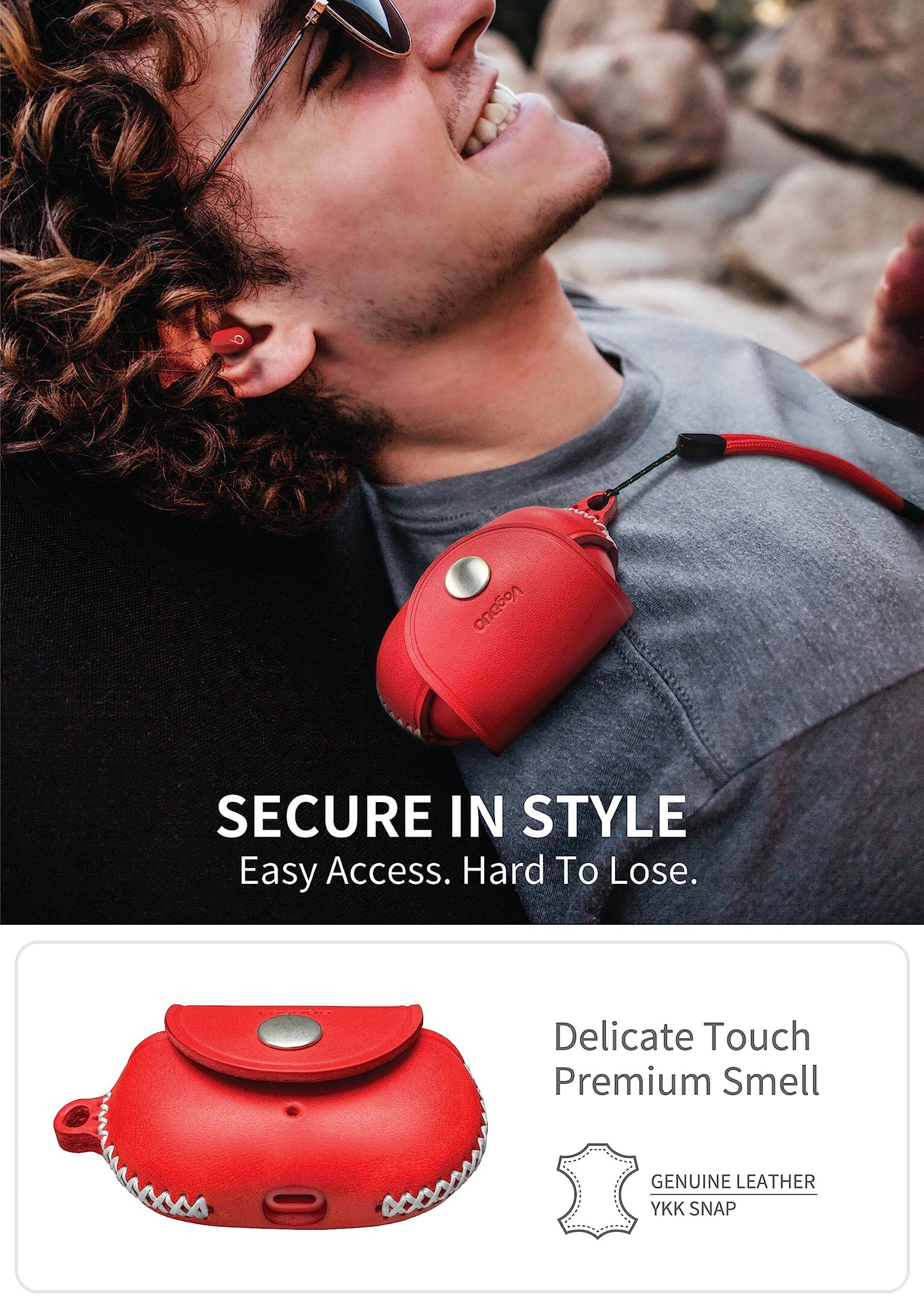 VogDUO Genuine Leather Beats Studio Buds Plus Case - Protective Full Cover Charging Slot Snap Holder with 5.9-inch Wrist Lanyard Strap, Compatible with Beats Studio Buds + (Red)