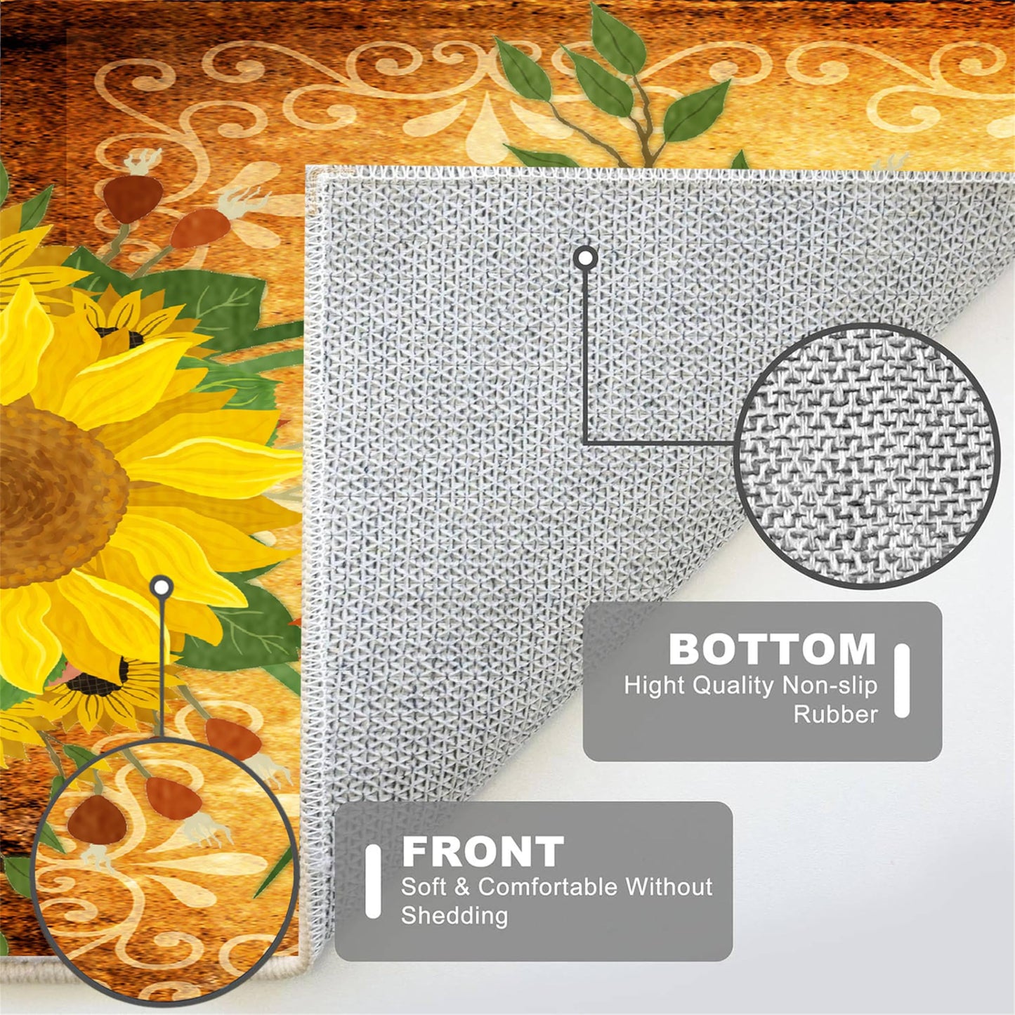 AOESELN Yellow Sunflower Area Rug,3x5ft Farmhouse Country Floral Rug, Non-Slip Washable Low Pile Soft Indoor Rug for Living Room, Bedroom, Dining Room, Office, Study, Kitchen