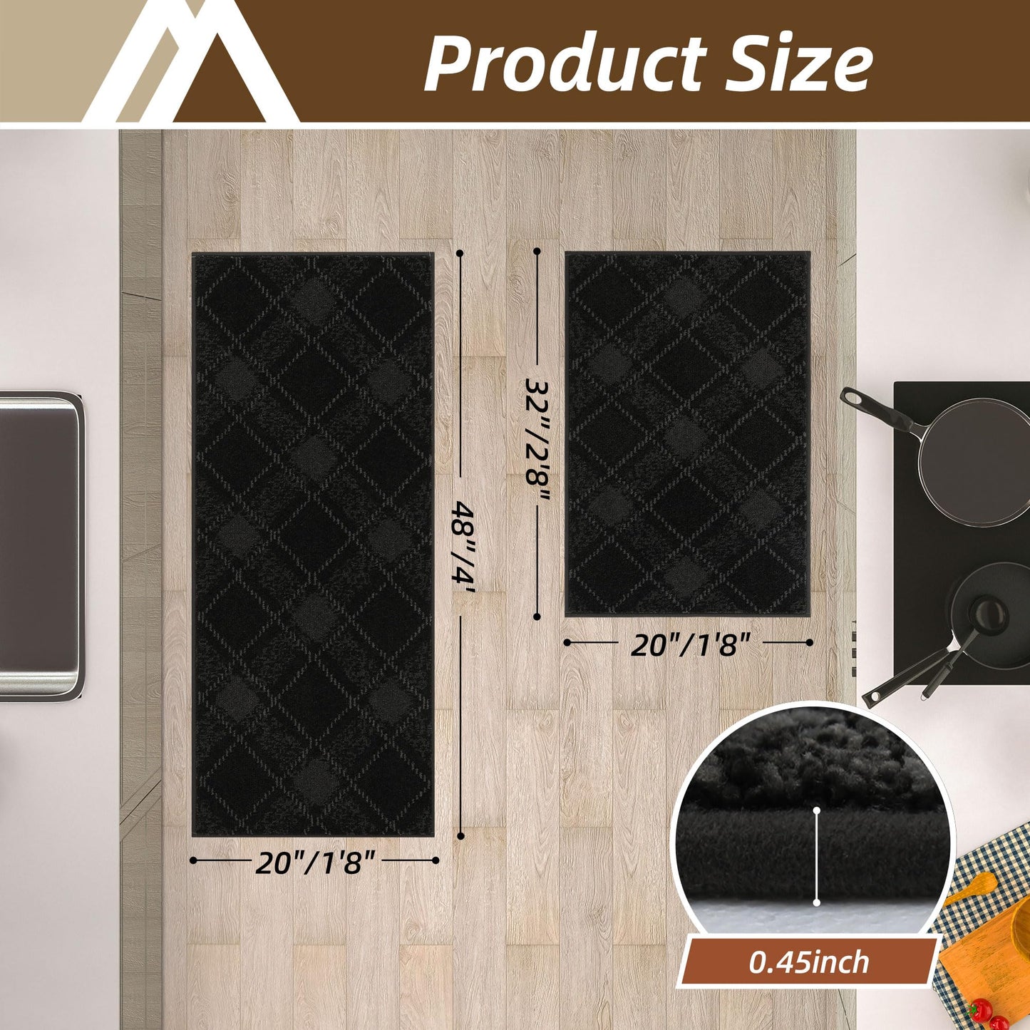 COSY HOMEER Kitchen Rugs and Mats Sets 2PCS Non-Slip Soft Kitchen Mats for Floor Absorbent and Stain Resistant Kitchen Floor Mat Washable Plaid Rugs for Kitchen,20"x32"+20"x48",Black