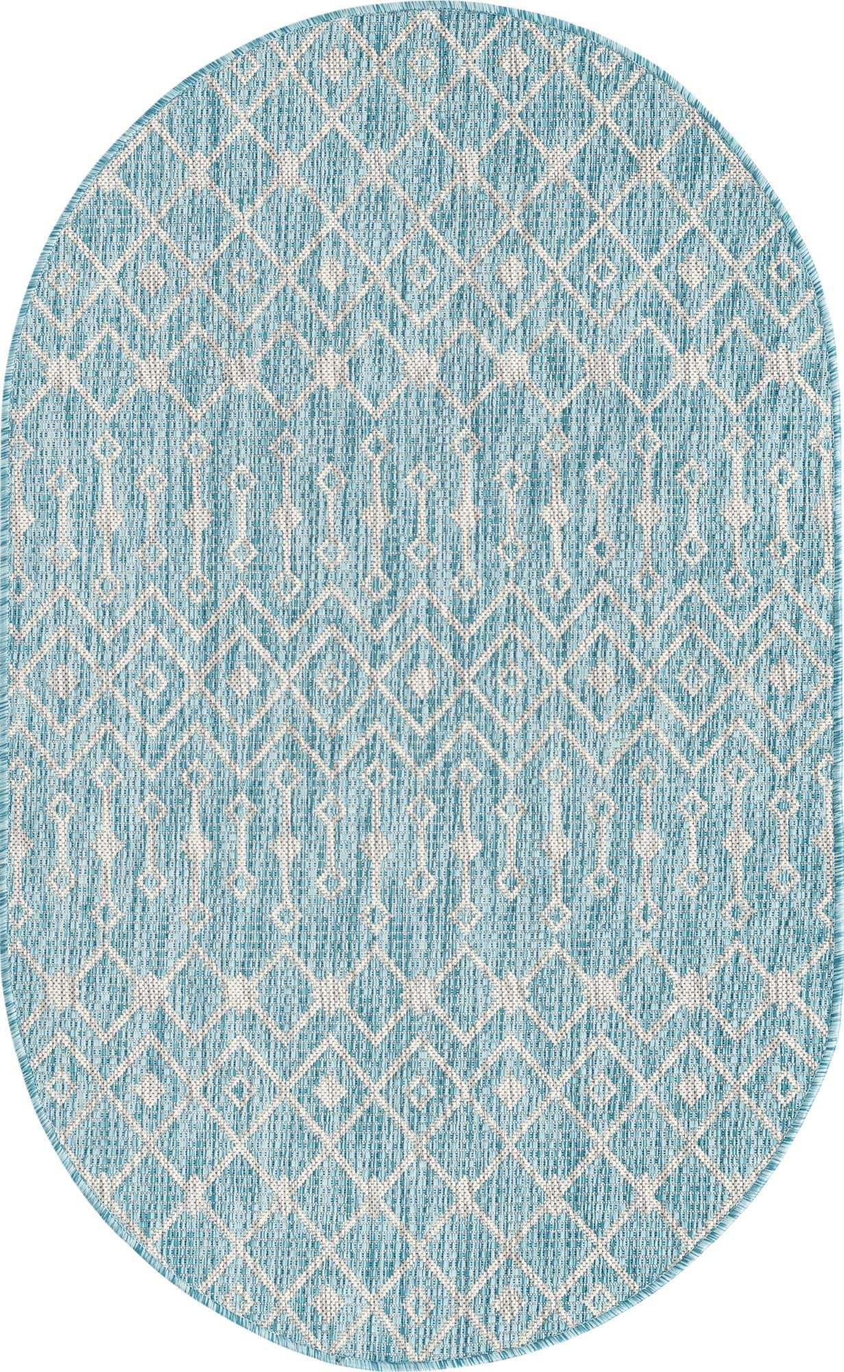 Unique Loom Outdoor Trellis Collection Area Rug - Tribal Trellis (3' 3" x 5' 3" Oval, Aqua/ Ivory)