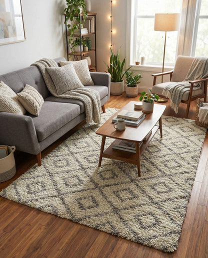Rugs.com Lattice Shag Collection Rug – 5x8 Ivory Shag-Pile Rug Perfect for Bedrooms, Dining Rooms, Living Rooms