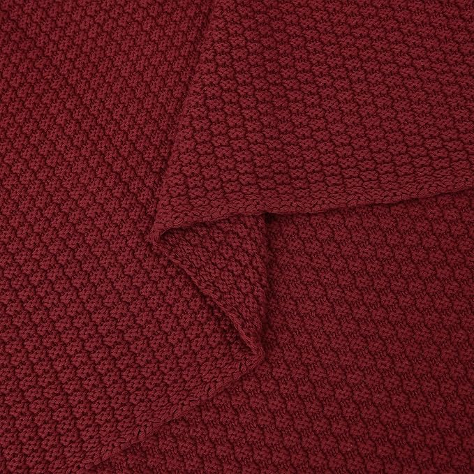 Longhui bedding Wine Red Knitted Throw Blanket for Couch, Cozy Machine Washable 100% Cotton Sofa Knit Bed Blankets, Heavy 4.0lb Weight, 60 x 80 Inches, Laundry Bag Included, Burgundy Color.