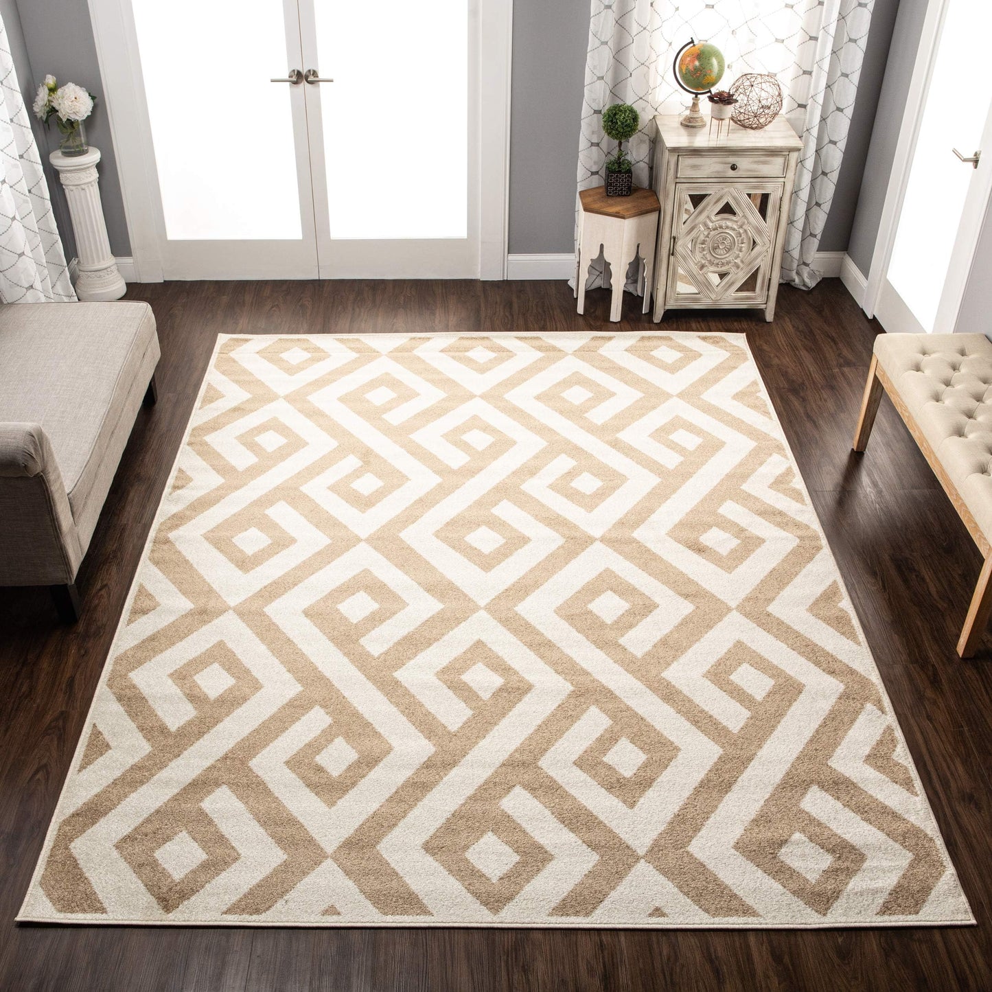 Superior Indoor Area Rug, Jute Backing, Modern Plush Rugs for Entryway, Living Room, Kitchen Floors, Bedroom, Hallway, Office Floor Cover, Diamond Lattice Rugs, Saxton Collection, 5' x 8', Ivory