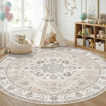 7x7 Living Room Area Rug: Washable Oriental Printed Soft Round Rug for Bedroom Besides Non-Slip Low-Pile Carpet for High-Traffic Area Indoor Stain Resistant Distressed Home Decor Mat(7Round,Beige)