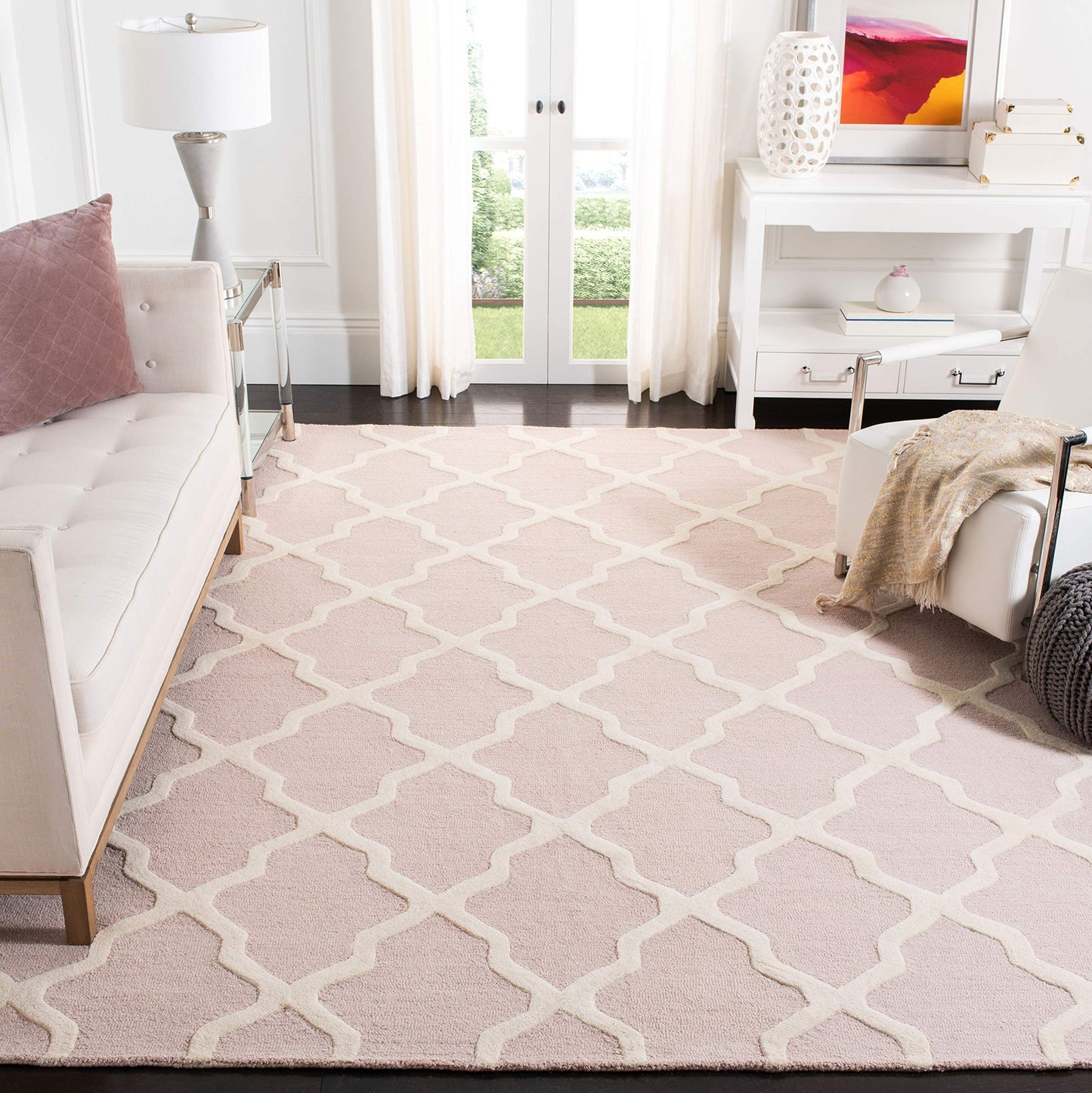 SAFAVIEH Area Rug 8x10 - Cambridge Collection - Large - Light Pink & Ivory, Handmade Wool, Trellis Pattern, Ideal for Living Room, Bedroom, Office, Dining Space (CAM121M)