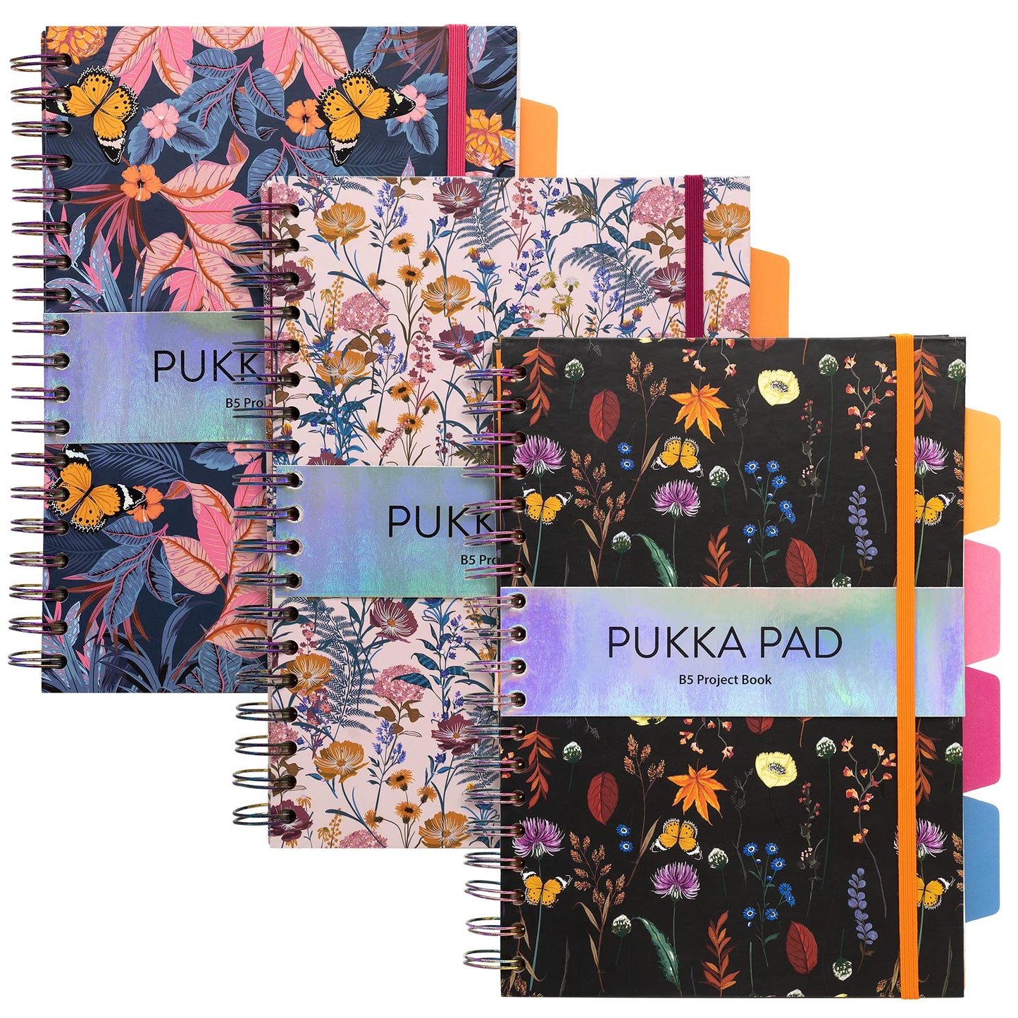 Pukka Pad 5 Subject Spiral Notebook 3-Pack - 200 Pages, 100 Sheets of 80GSM Paper with Repositionable Dividers & Perforated Edges for School & Office Planning & Organization - B5-7 X 10, Bloom