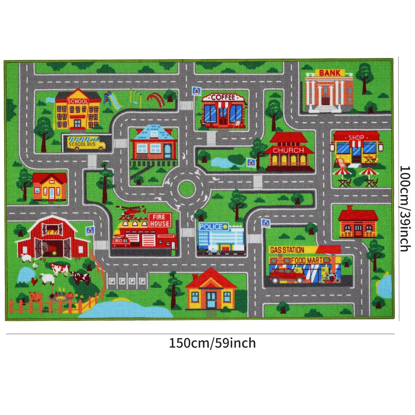 Kids Carpet Playmat Rug 59"x39.4", Car Rug for Kids Cars, Non-Slip Town City Road Map Kids Rugs for Playroom Bedroom Boys, Kids Cars Play Mat Track Road Rugs for Kid(59X39.4Inch,Green)