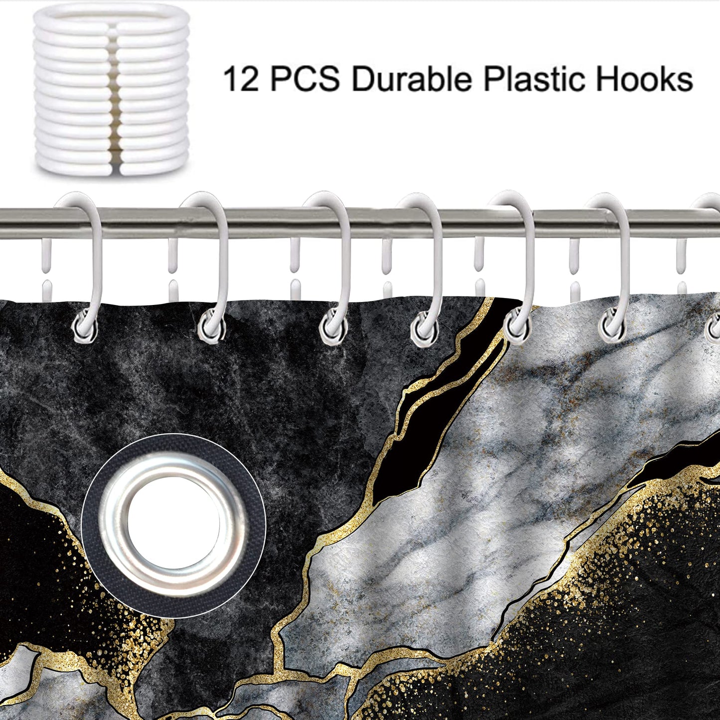 4 Pcs Marble Shower Curtain Sets, Gold Cracked Lines Crystal Geode Black Grey Bathroom Decor, Rug Toilet Lid Cover and Non-Slip U Shape Mat, Waterproof Polyester Shower Curtain with 12 Hooks, 72 x 72