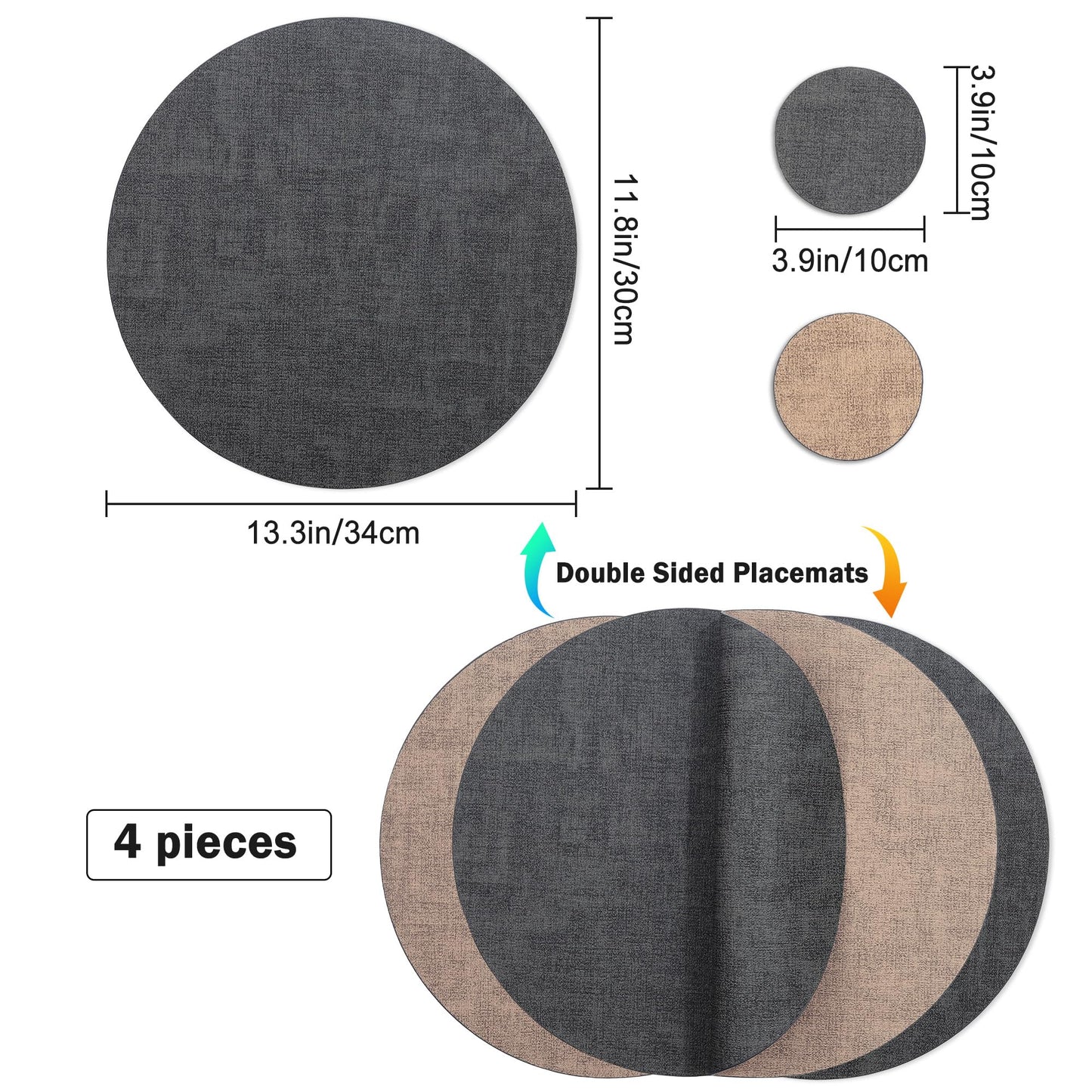 Cloth Leather Round Placemats, Gray and Beige Double-Sided Heat-Resistant Placemats and Coasters Set of 4, Small Placemat for Dessert Plate Easy to Clean for Dining