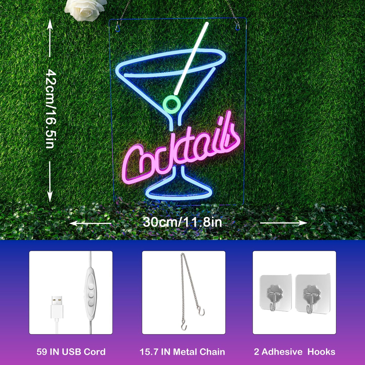 LUCUNSTAR Cocktails Neon Sign Drinks LED Signs Cocktail Glass Shaped Neon Lights LED Drinking Signs Martini Light Up Sign for Wall Decor Man Cave Blue Wine Glass Light for Bar Shop Night Club