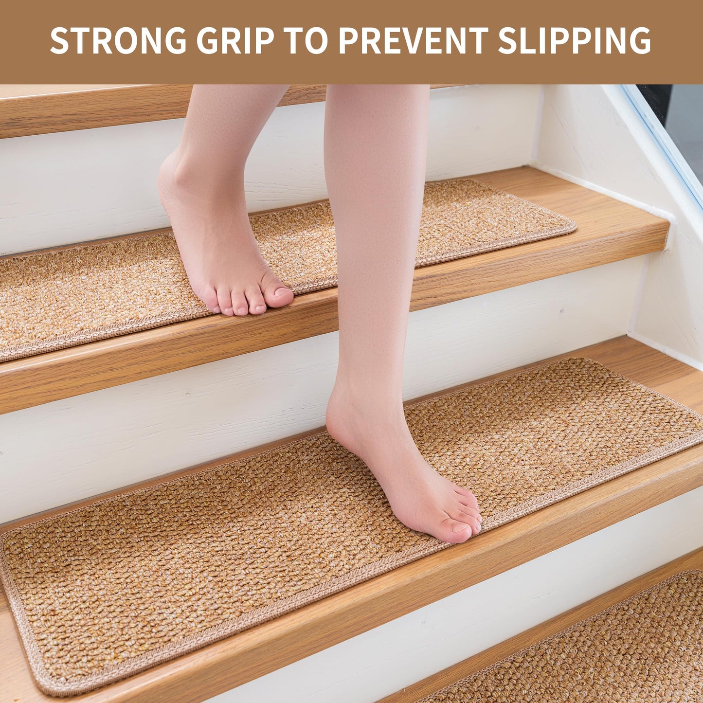 DONJOP 9x30 Inch Stair Treads for Wooden Steps Indoor(15-Pack) – Non Slip Adhesive Peel and Stick Carpet Stair Treads, Washable & Reusable Stair Runner Rugs for Kids Elders and Pets-Beige