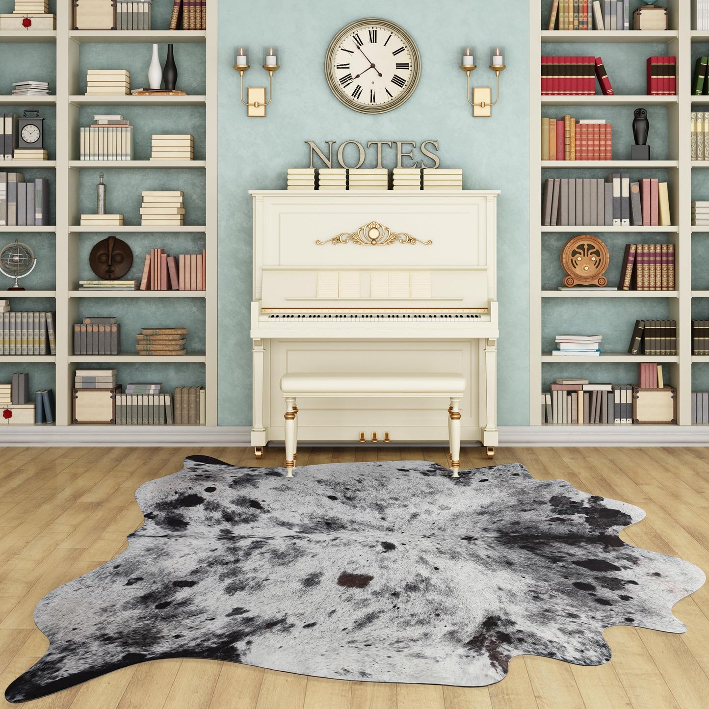 SUNYIWEI Faux Cowhide Rug, 5.2 x 6.2 ft Cowhide Rug for Living Room, Bedroom, Wall - Non-Slip,Gray White Black