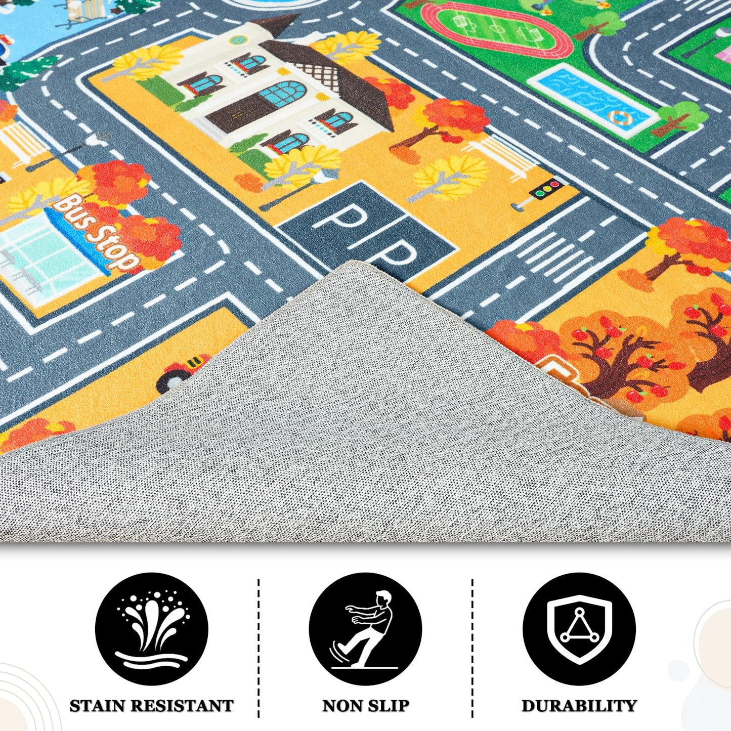 Car Rug for Kids Toy Cars, Town City Track Road Carpet Playmat with Non-Silp Backing, Traffic Playmat for Road Washable Rugs Four Seasons Theme Traffic Mat for Kids Room Bedroom Game Safe Area, 3'x4'