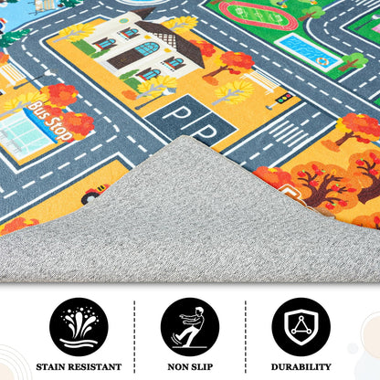 Car Rug for Kids Toy Cars, Town City Track Road Carpet Playmat with Non-Silp Backing, Traffic Playmat for Road Washable Rugs Four Seasons Theme Traffic Mat for Kids Room Bedroom Game Safe Area, 3'x4'
