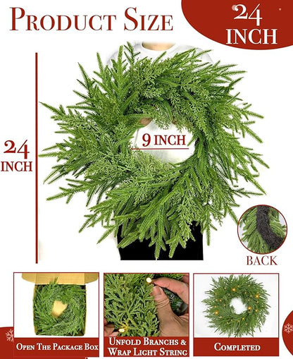 24" Prelit Christmas Wreath for Front Door, Real Touch Norfolk Pine Wreath Thick & Soft Christmas Wreaths with Light, Timer, Norfolk Pine Cypress Leaf Christmas Door Wreath for Home Wall Outdoor Decor