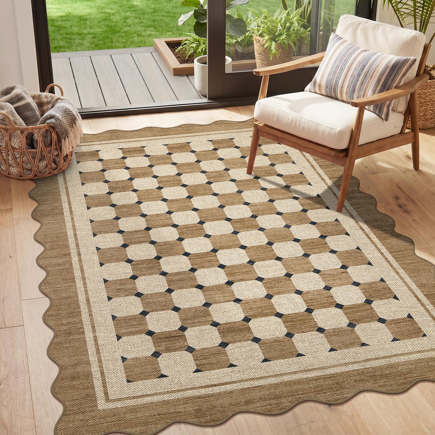 Garvee Easy Jute Scalloped Area Rug, 4x6 Neural Checkered Modern Washable Rugs for Living Room Non-Slip Low Pile Entryway Rug, Farmhouse Indoor Outdoor Carpet for Kitchen Backyard Bedroom Office 4'x6'