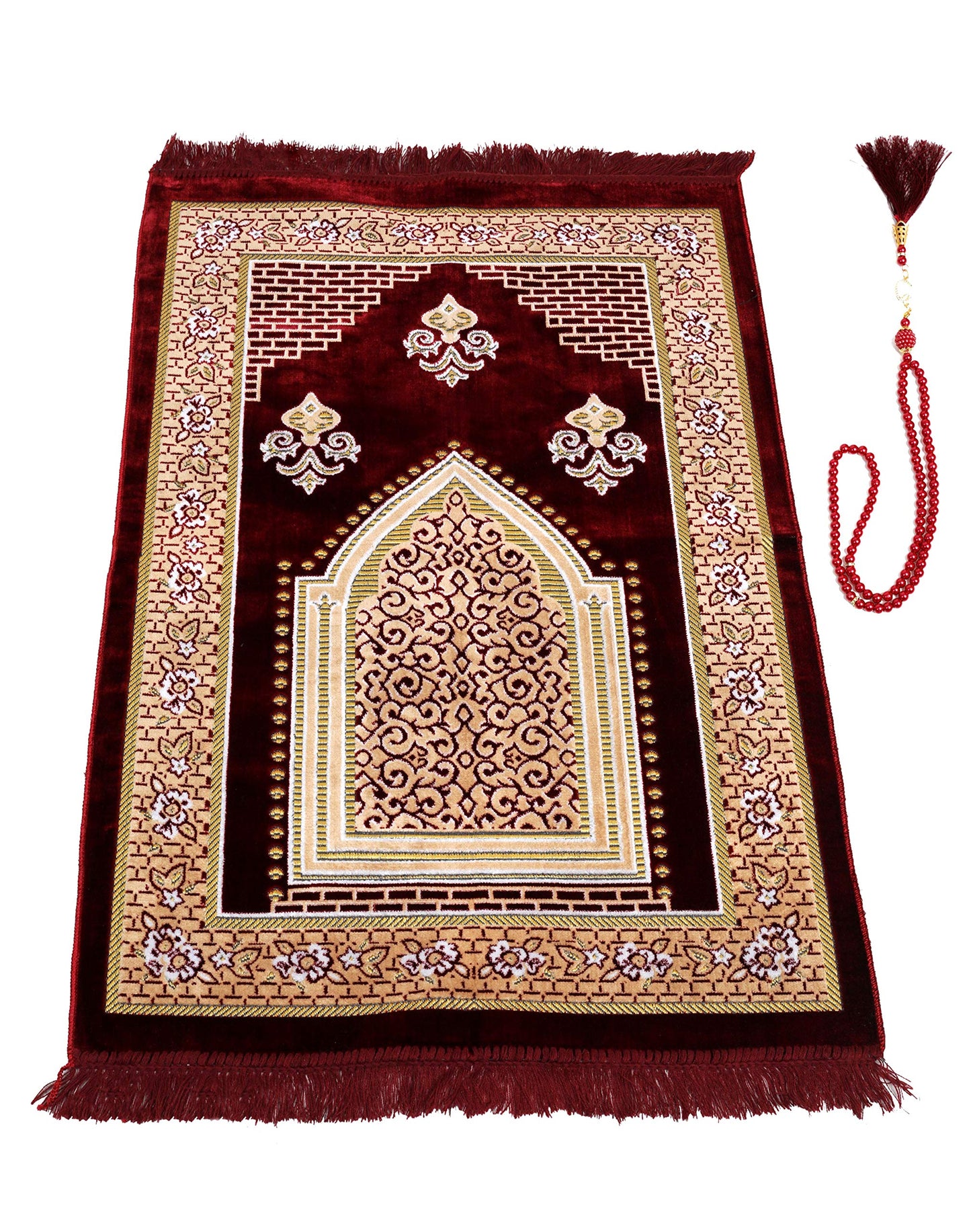TB Muslim Prayer Rug, Islamic, Velvet Mat Ramadan Gift, with Prayer Bead Unique Decoration Gilded Gold-Like Embroidered for Women Man Kids Meditation Turkish African (Claret Red)