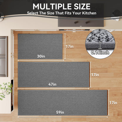 QiCaiJia Kitchen Rugs and Mat Non Slip Washable, Super Absorbent Kitchen Mats for Floor, Rubber Backing Soft Braided Standing Kitchen Sink Mat Kitchen Runner, Front of Sink, Easy Clean, Grey 17"x30"