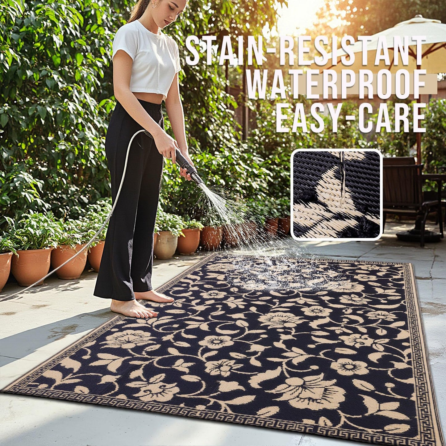 OLANLY Waterproof Outdoor Rug 5x8 ft, Outdoor Plastic Straw Rug with Flower Pattern, Reversible RV Mat for Patio, Camping, Balcony, Deck, Backyard, Black & Beige