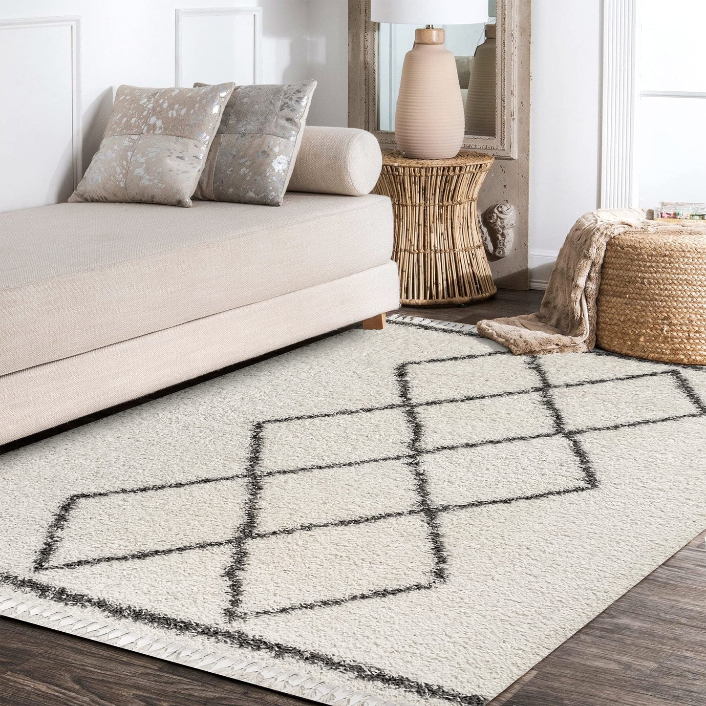 JONATHAN Y Mercer Shag Plush Tassel Cream/Gray Indoor Area Rug, 5x8, Moroccan Geometric Trellis, Bohemian, Easy-Cleaning for Living Room, Bedroom, Kitchen, Pet Friendly, Non-Shedding (MCR103B-5)