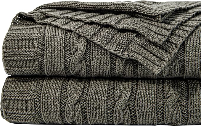 NTBAY 100% Pure Cotton Cable Knit Throw Blanket, Super Soft Warm 51x67 Knitted Throw Blanket for Couch, Sofa, Chair, Bed - Extra Cozy, Machine Washable, Comfortable Home Decor, Grey