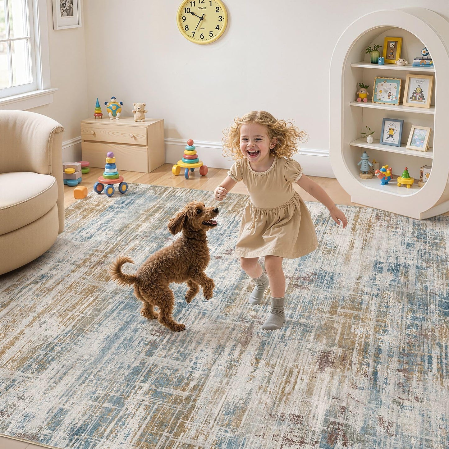 UERMEI 8x10 Washable Area Rug for Living Room: Modern Neutral Abstract Large Soft Low Pile Carpet Non-Slip Pet Kids Friendly Indoor Decor for Bedroom Dining Room Home Office Nursery Blue Brown