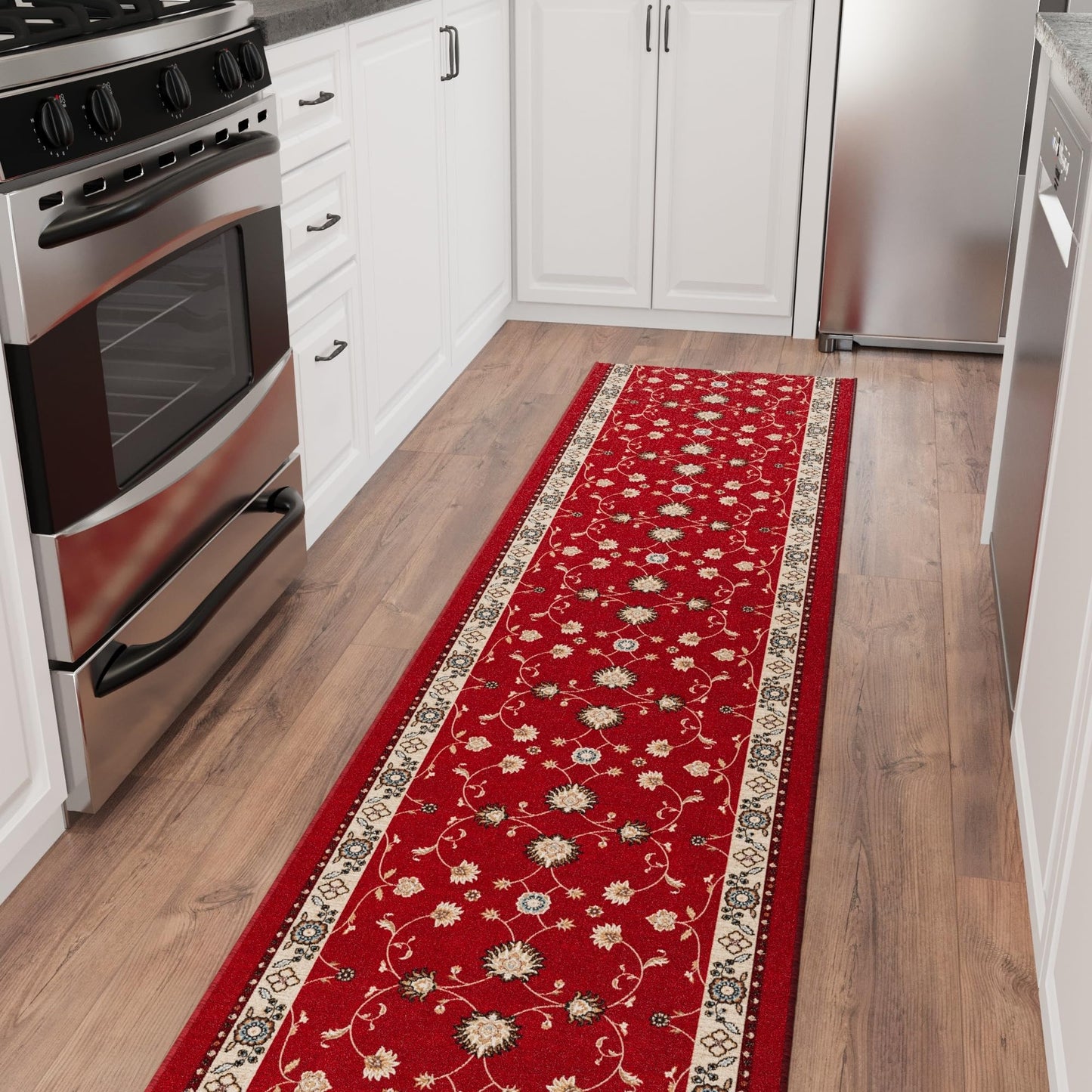 Ottomanson Hallway Runner Rug 2'7" x 10' – Soft Non-Slip Rug, Low Pile Carpet for Entryway, Kitchen & Long Hallways in Apartments and Homes, Mahal Red