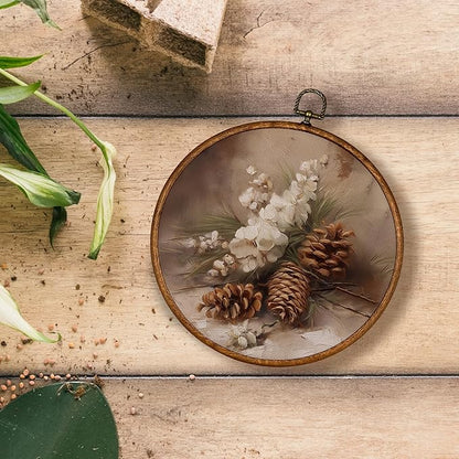 KSDUT Vintage Christmas Wall Decor Art - Retro Pine Cone Christmas Wall Art Canvas Frame Hanging Prints, Merry Xmas Holiday Round Wall Art Decor for Home Farmhouse Decorations 10"x10"