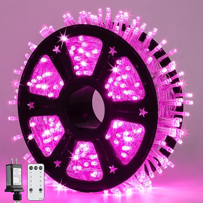 JMEXSUSS 600 LED Pink Christmas Lights for Decorations, 168ft Pink String Fairy Lights Indoor Outdoor Clear Wire for Girl's Room Bedroom Brithday Party Yard Decor