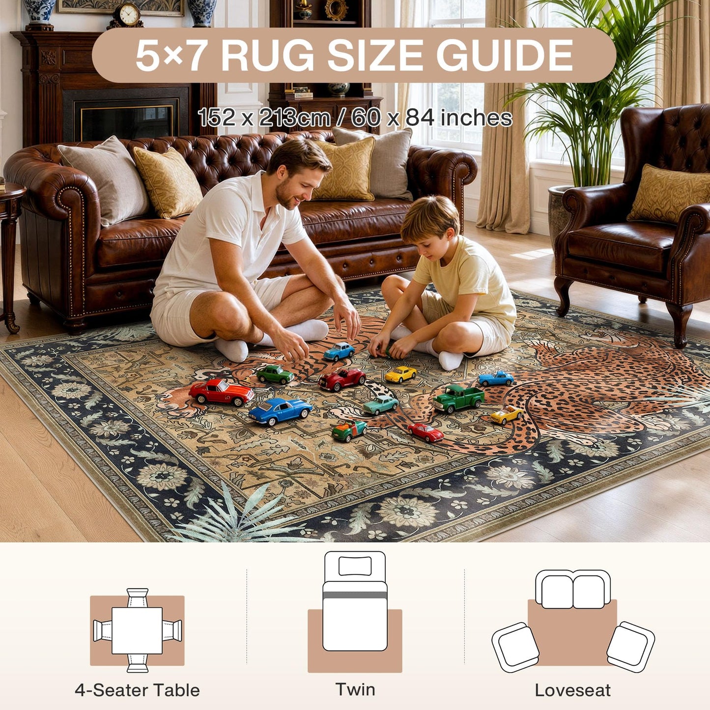 Tribesigns Tiger Leopard Print 5x7 Brown Area Rug, Boho Animal Washable Living Room Bedroom Rug, Soft Non Slip Low Pile Indoor Throw Dining Room Carpet for Office Playroom, Oeko-Tex Certified