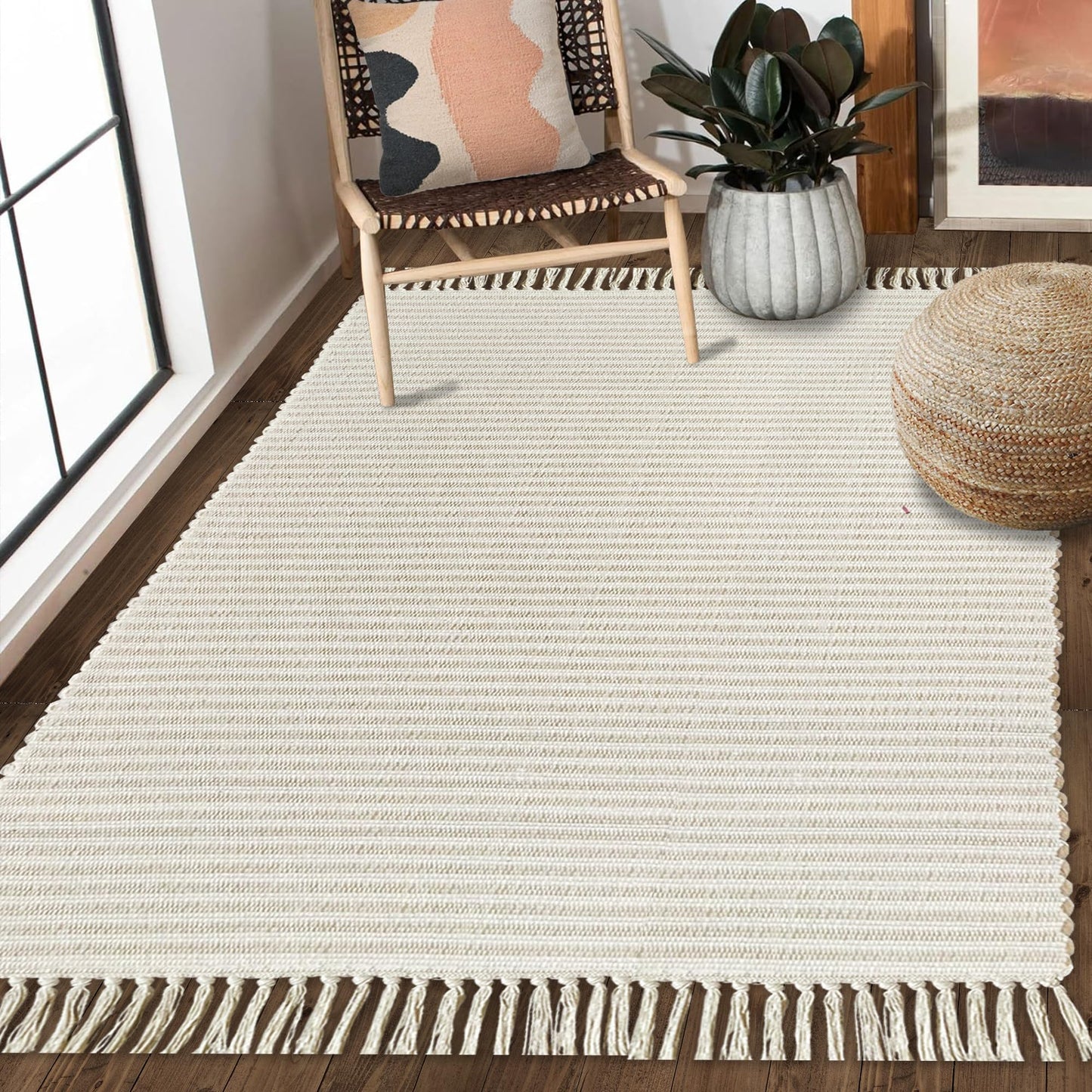 Chardin home Beige & Ivory Providence Area Rug 3x5 feet |Hand Woven Farmhouse Rug with Hand Knotted Fringes | Great in Kitchens bathrooms Living Rooms Bedroom Study | Reversible Cotton Rug