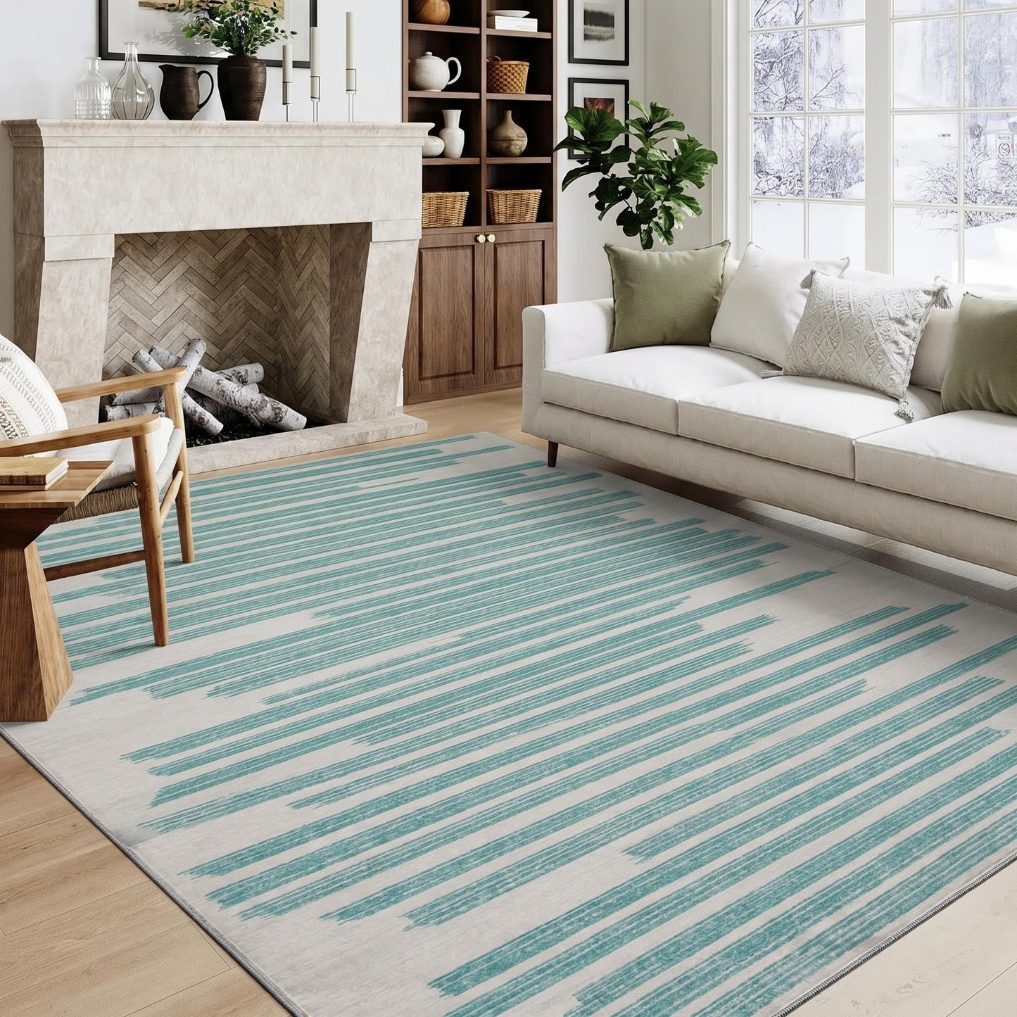 GarveeHome 5x7 Green Rug Washable Striped Carpet for Living Room Bedroom Modern Non Slip Low Pile Small Aea Rugs with Green Lines Geometric Stain Resistant Simple Office Rugs, Turquoise