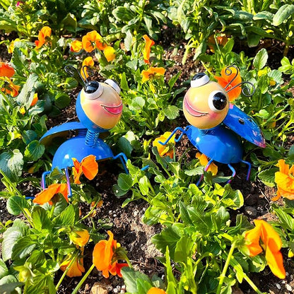 Metal Yard Art Garden Decor for Outside Cute Blue Ladybugs Lawn Patio Ornaments Backyard Decorations Garden Gifts for Mom - Set of 2
