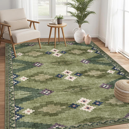 8x10 Washable Area Rug for Living Room Non Slip Modern Geometric Large Bedroom Rugs Stain Resistant Mid Century Dining Room Throw Carpet Soft Boho Tribe Area Rugs for Nursery Home Office, Green
