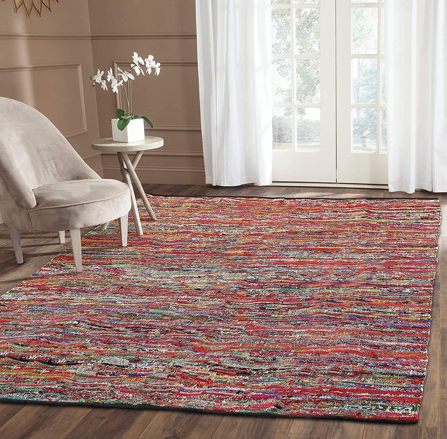 Ramanta Home Cotton Multi Color Chindi Hand Woven Rugs - 8x10 Feet Rectangle Hand Braided Bohemian Colorful Area Rug - Recycled Braided Chindi Rugs- Biodegradable Area Rugs Size 96x120 inch.
