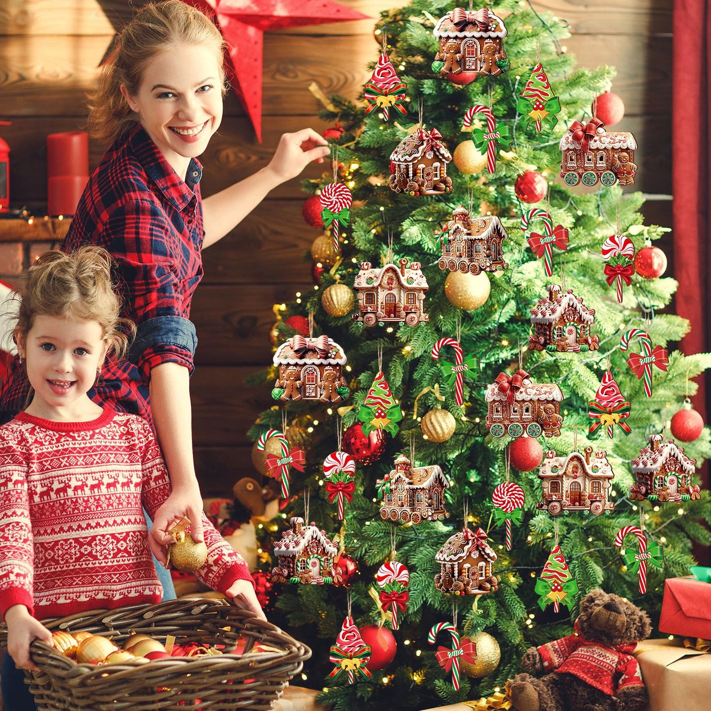 Roowest 36 Pcs Christmas Gingerbread House Ornament Set Wood Christmas Tree Ornaments Lollipop Flat Train Donut Cake Hanging Decorations Peppermint Ornaments for Xmas Tree Party Supplies