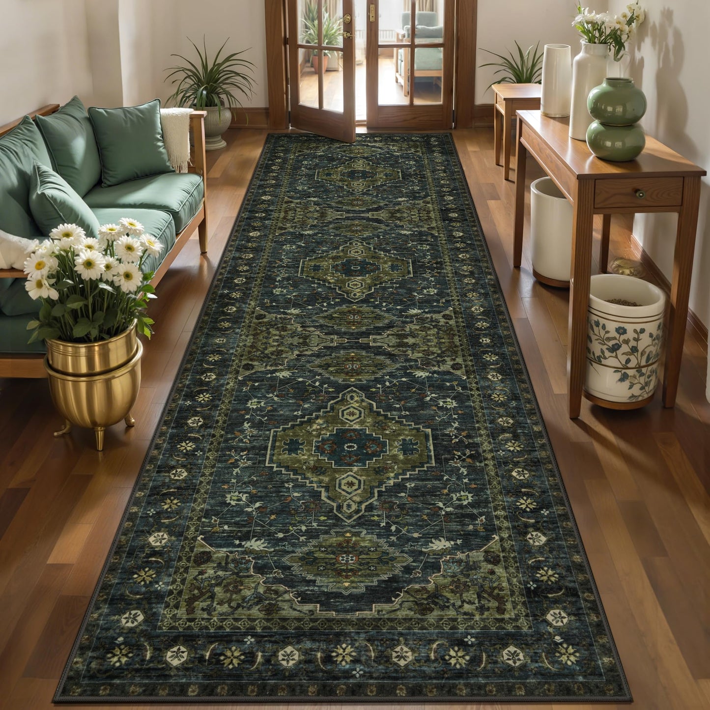 Tangsoo 3x8 Washable Runner Rug for Hallways, Non Slip Vintage Runner Rug, Soft Low Pile Long Rug Runner, Print Distressed Green Carpet Runners for Kitchen Bedroom Entryway Bathroom Living Room